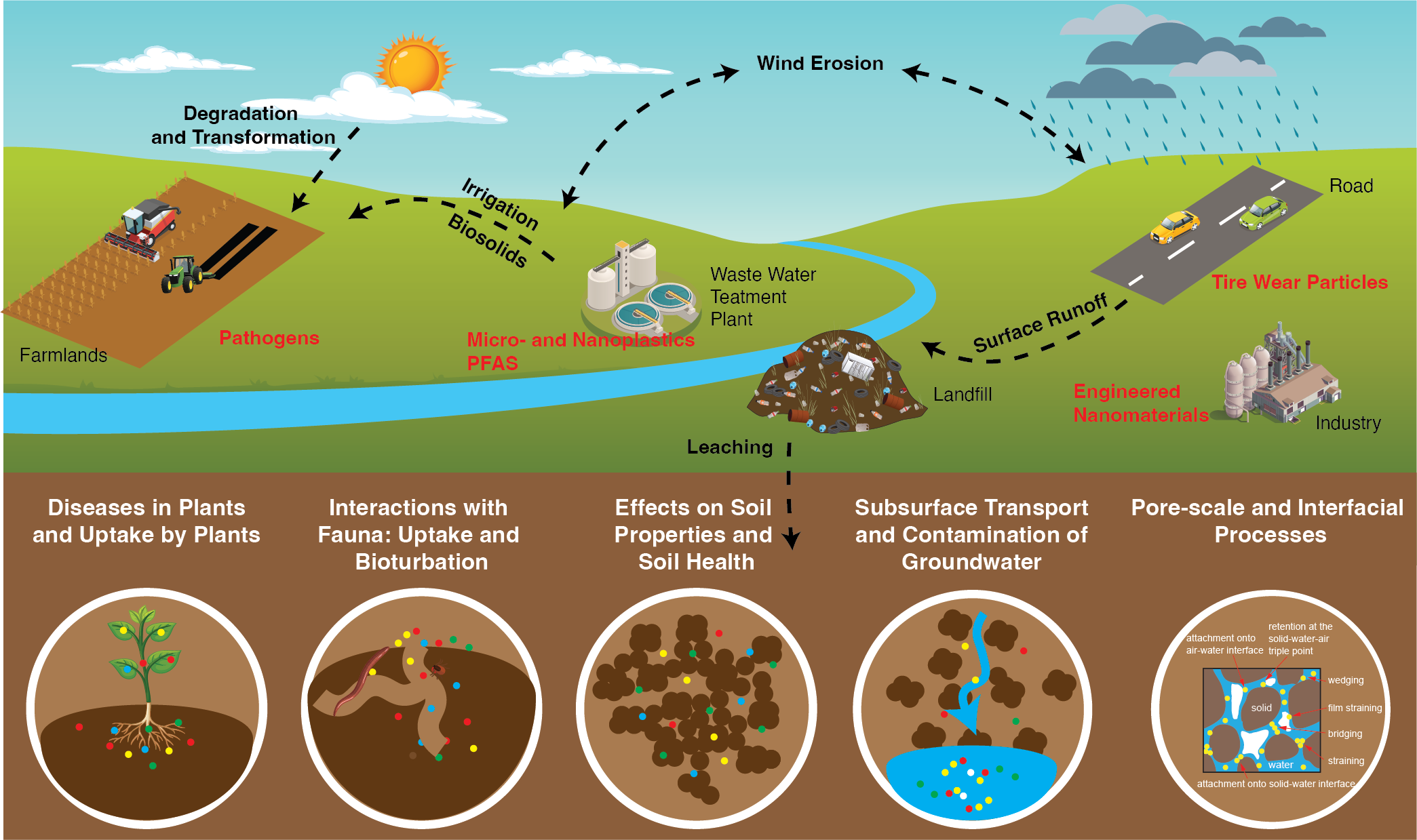 Conceptual diagram illustrating the fate and transport of emerging contaminants